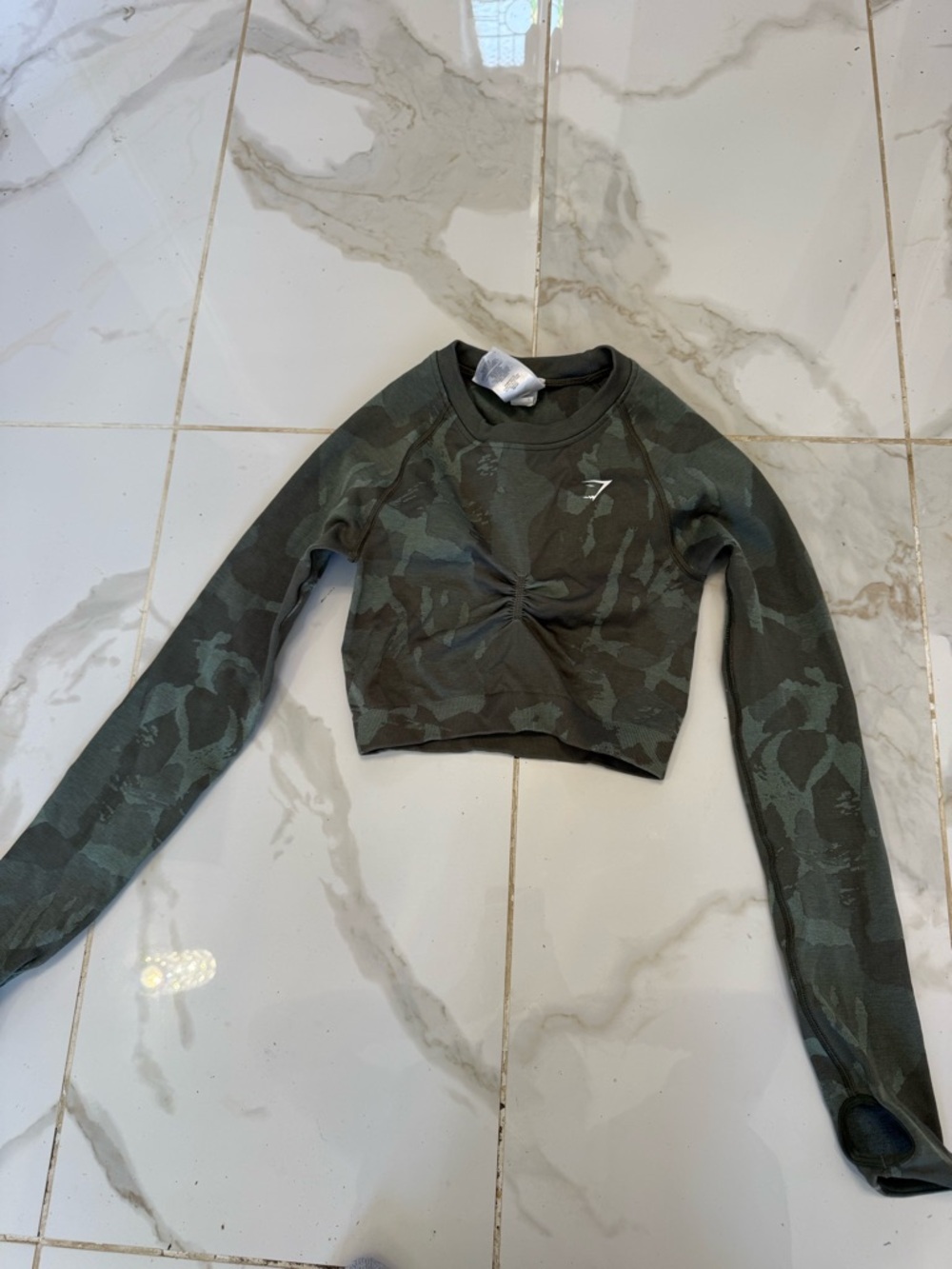 Gymshark Olive Green Camo Long-Sleeve Cropped Top